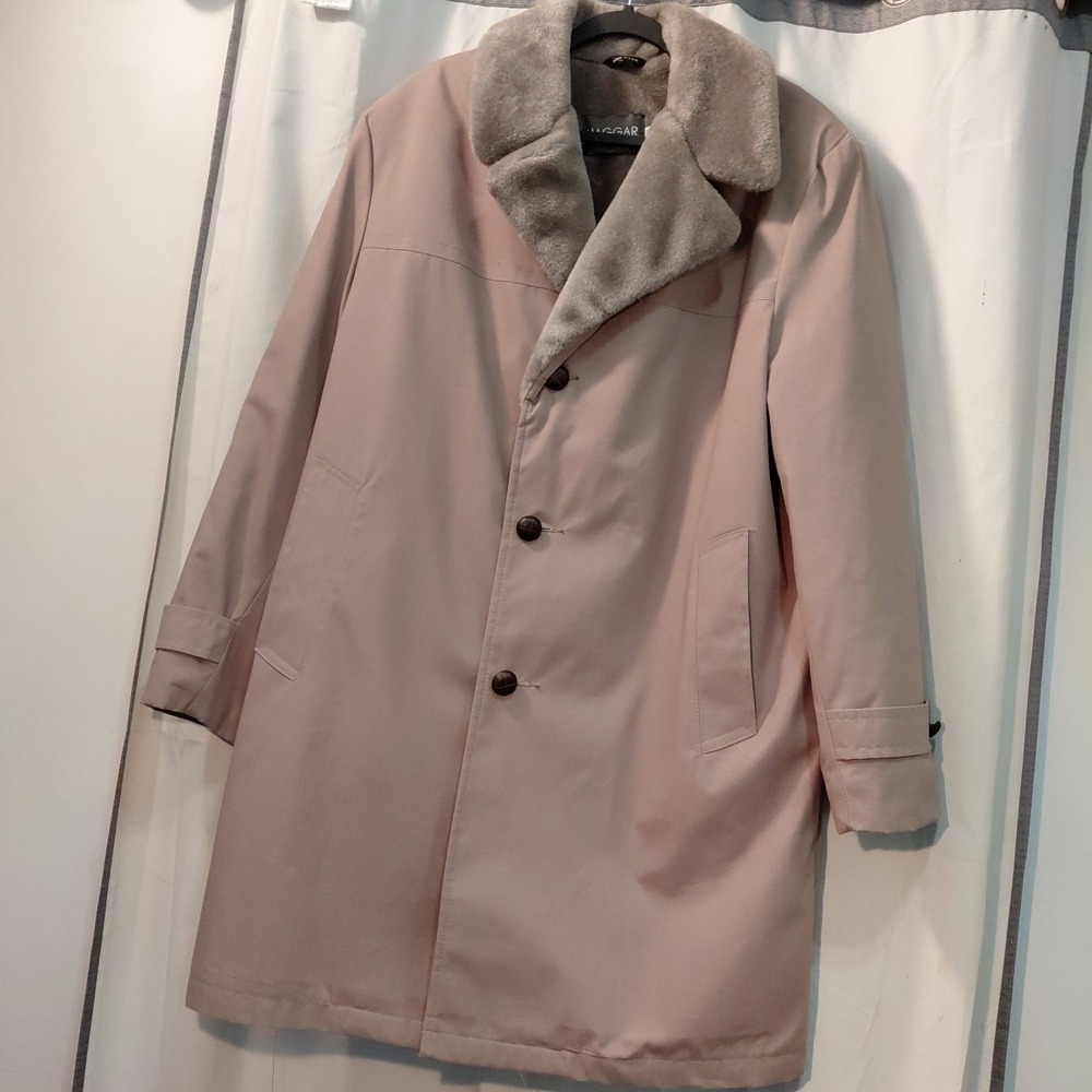 Haggar Mens Tan Faux Fur Lined Overcoat Trench Coat Size 42 Brown Collar